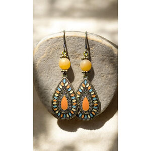 Boho Orange Teardrop Dangle Earrings Antiqued Bronze Bohemian Jewelry